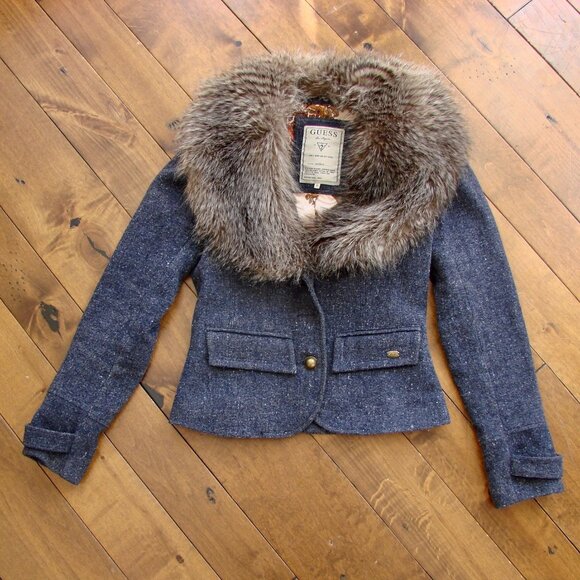 Vintage Y2K Jacket Blazer Guess Wool Blend Faux Fur Detachable Collar NWOT NEW - Picture 2 of 16